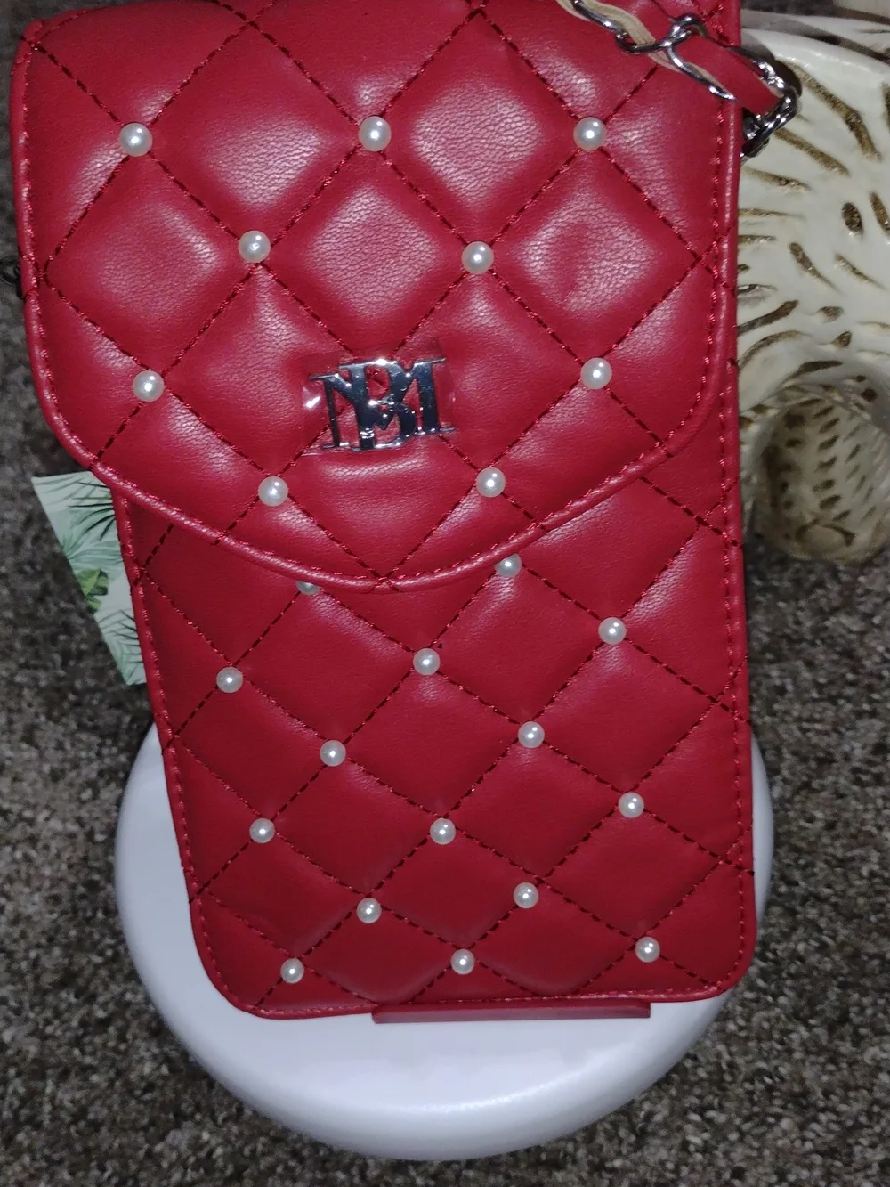 Badgley Mischka Red Quilted Pearl Crossbody Phone Bag